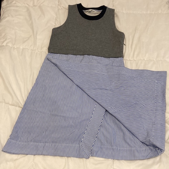Carven Gray/Blue Striped Asymmetrical Sleeveless Cotton Blend Flare Dress Size M - Picture 4 of 10